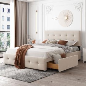 Upholstered Platform Bed with Classic Headboard and 4 Drawers, No Box Spring Needed, Linen Fabric, Queen Size Beige