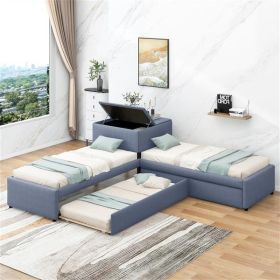 L-shaped Upholstered Platform Bed with Trundle and Two Drawers Linked with built-in Desk,Twin,Gray