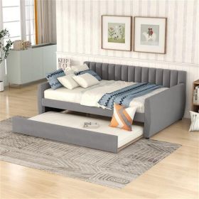 Full Size Upholstered daybed with Trundle and Wood Slat Support, Gray