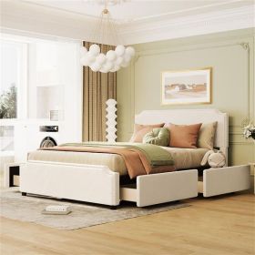 Upholstered Platform Bed with Stud Trim Headboard and Footboard and 4 Drawers No Box Spring Needed, Velvet Fabric, Queen Size (Beige)