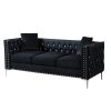 82.3" Width Modern Velvet Sofa Jeweled Buttons Tufted Square Arm Couch Black,2 Pillows Included