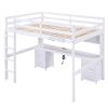 Full Size Loft Bed with Desk, Cabinets, Drawers and Bedside Tray, Charging Station, White