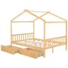 Full Size House Platform Bed with Two Drawers,Headboard and Footboard,Roof Design,Natural