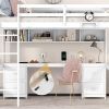 Full Size Loft Bed with Desk, Cabinets, Drawers and Bedside Tray, Charging Station, White