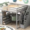 Full Size Loft Bed with Desk and Shelves, Two Built-in Drawers, Storage Staircase, Gray