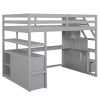 Full Size Loft Bed with Desk and Shelves, Two Built-in Drawers, Storage Staircase, Gray