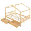 Full Size House Platform Bed with Two Drawers,Headboard and Footboard,Roof Design,Natural